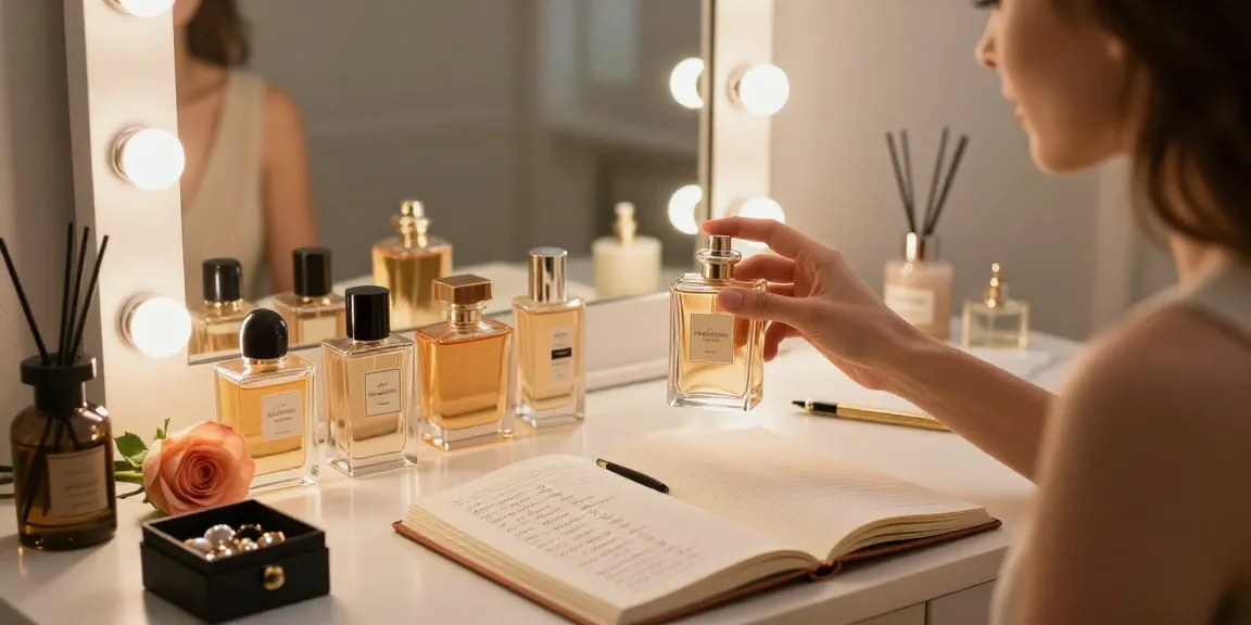 Applying perfume layering tips in an elegant vanity setting with niche fragrance options.