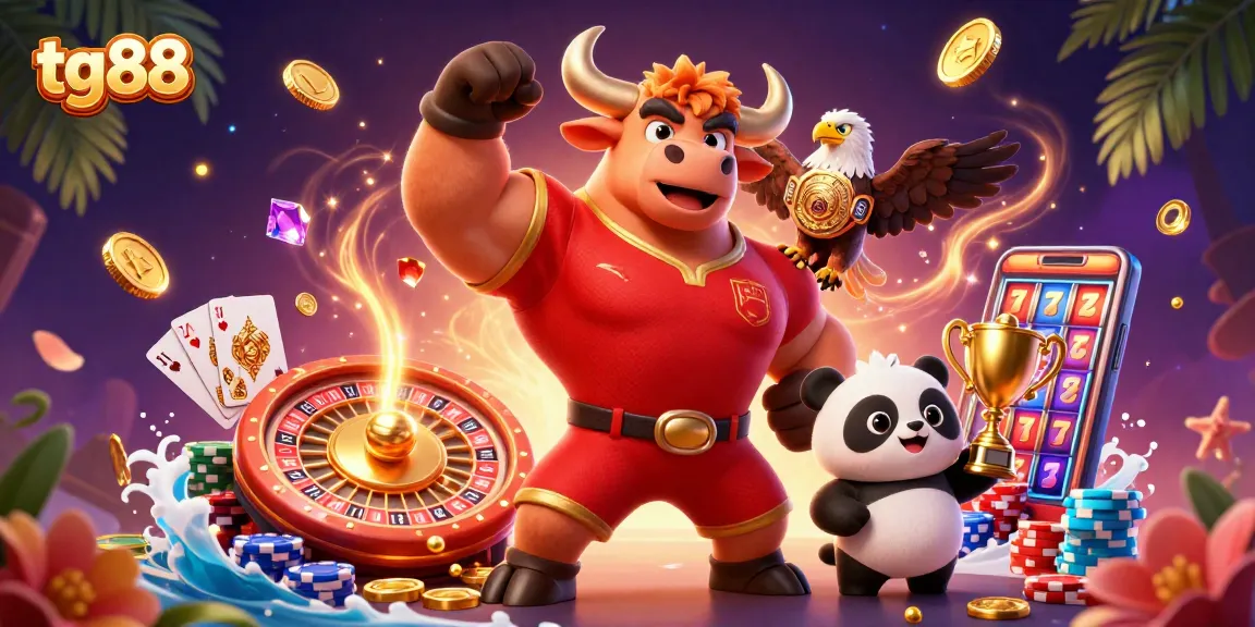 Engage in thrilling games with tg88, featuring a dynamic scene of a bull, eagle, and panda in a casino.