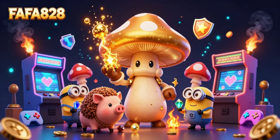 FAFA828 showcases gaming magic with a golden mushroom wizard and enchanting treasures in a vibrant arcade.