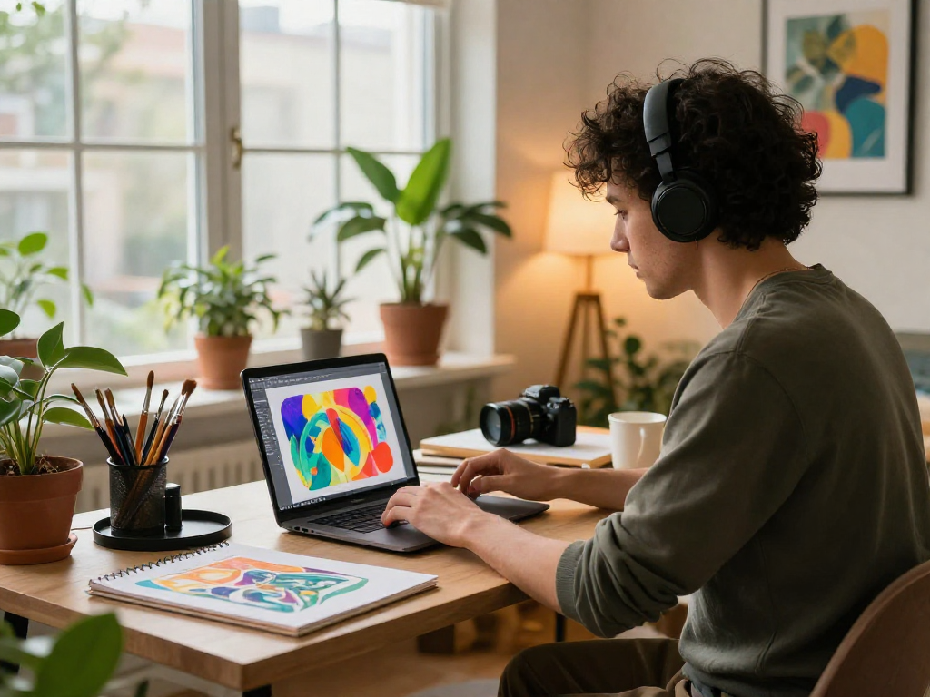 Creative workspace with vibrant art designs reflecting nsfw themes, artist engaged in artistic process.