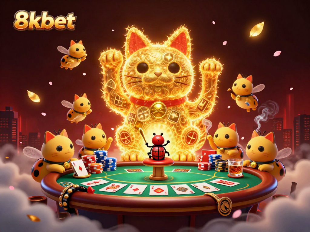 Engaging 8xbet promotional scene with a lucky cat formed by fireflies, casino symbols, and vibrant poker elements.