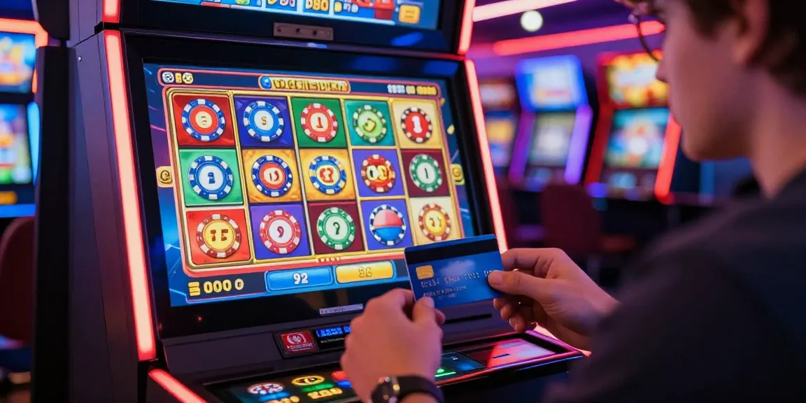 Player enjoying casinos that accept credit cards online, using a credit card at a vibrant slot machine.