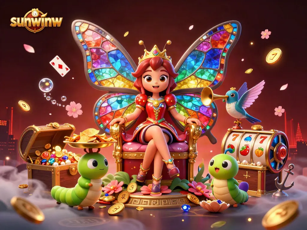Sunwinw brings excitement with a stunning casino scene featuring a butterfly queen and fortune elements.
