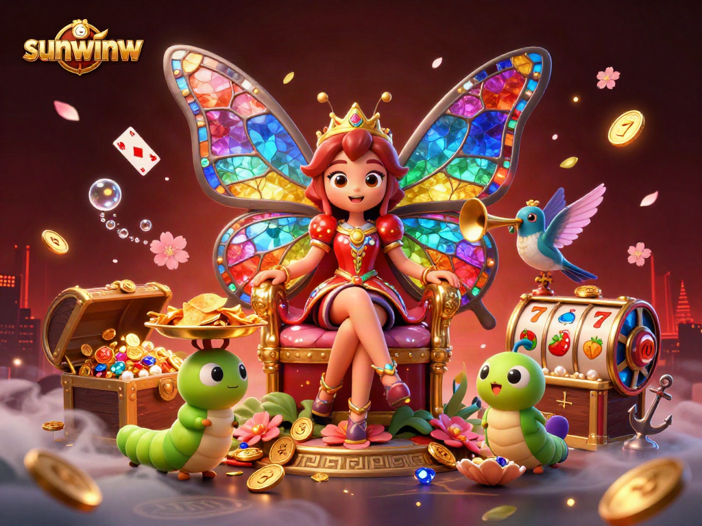 Sunwinw brings excitement with a stunning casino scene featuring a butterfly queen and fortune elements.