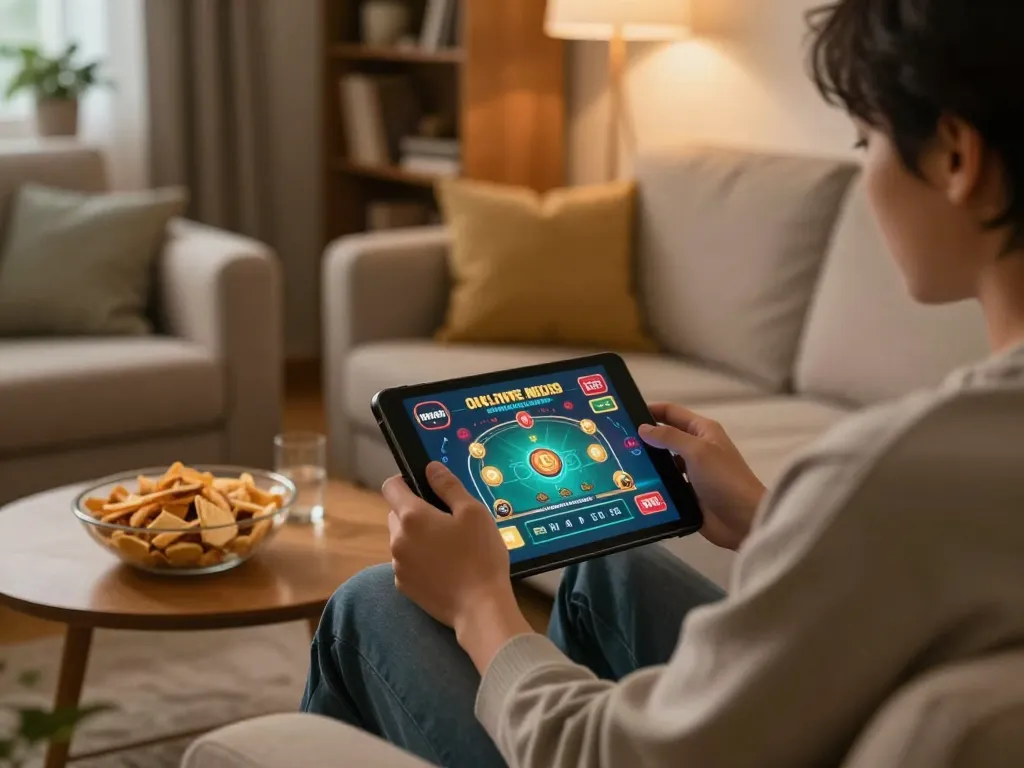 Engaging in online gaming at home with Nhà cái SHBET on tablet, enjoying a relaxed atmosphere.