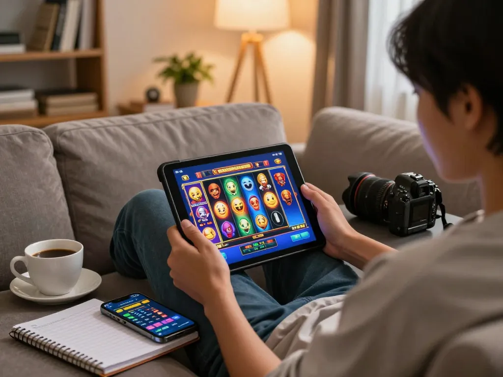 Engaging online slot Malaysia gaming scene with vibrant tablet display and cozy setup