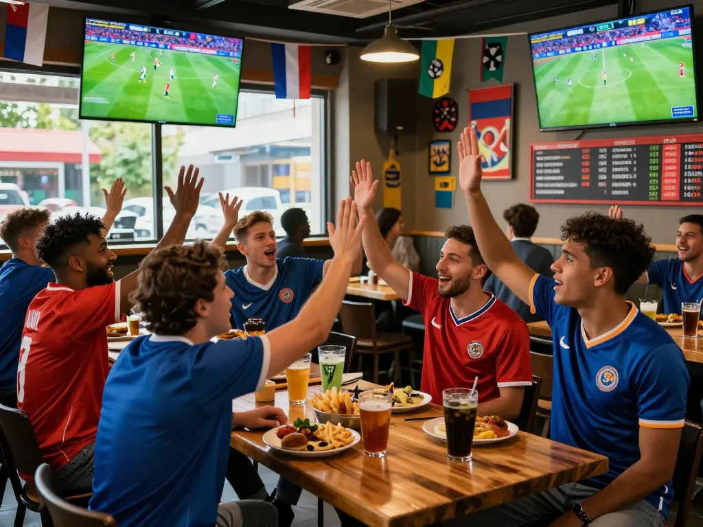 Fans at sports bar engaging with live nowgoal football matches, showcasing team spirit and excitement.