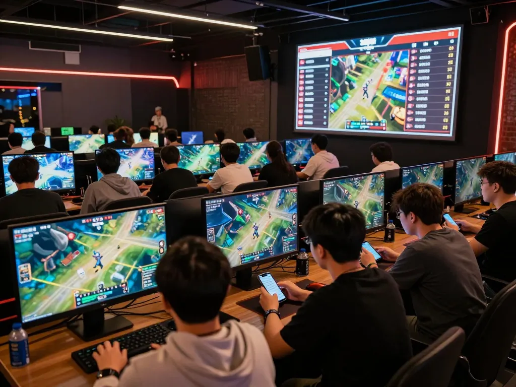 Fans engaging in esports betting at TR88 with mobile devices and large screens in action.