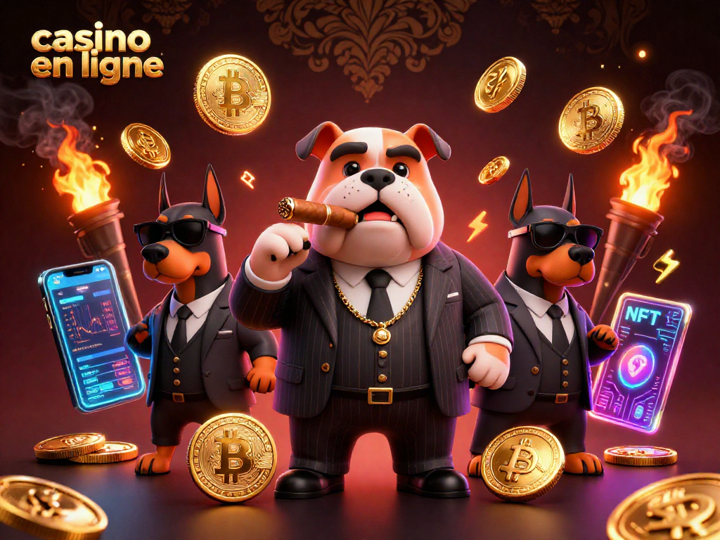Plongez dans le monde du casino en ligne avec un bulldog mafieux entouré de Dobermans et de symboles crypto.