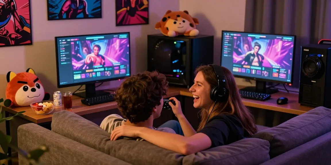 Engaging couple playing interactive sex games online in cozy atmosphere.