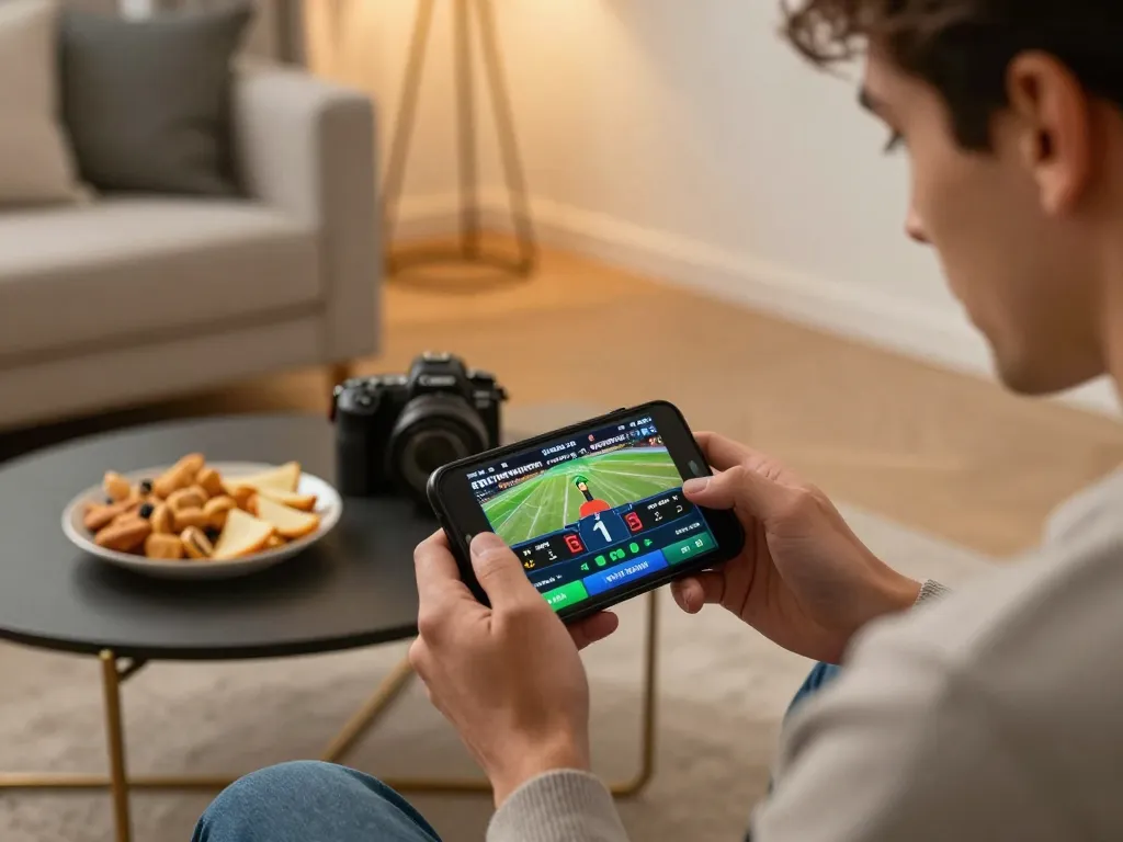 Engaged player using mobile device for kp88 nhà cái sports betting in cozy home setting.