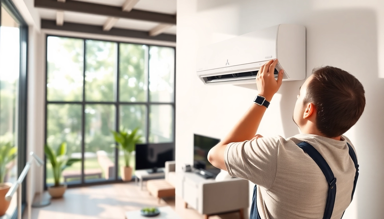 Technician adjusts a mitsubishi mini split ac in a stylish living room, showcasing modern installation.