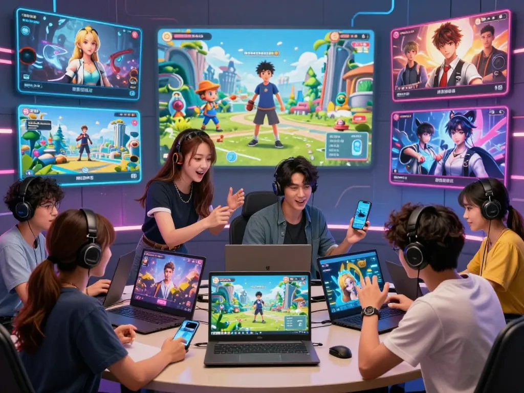 Engaging scene of characters playing a porn game in a vibrant digital setting with interactive elements.