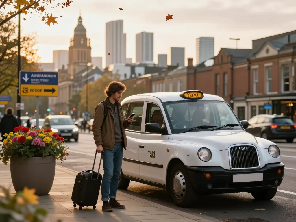Taxi fare estimate scene in Leeds with traveler checking phone by taxi.