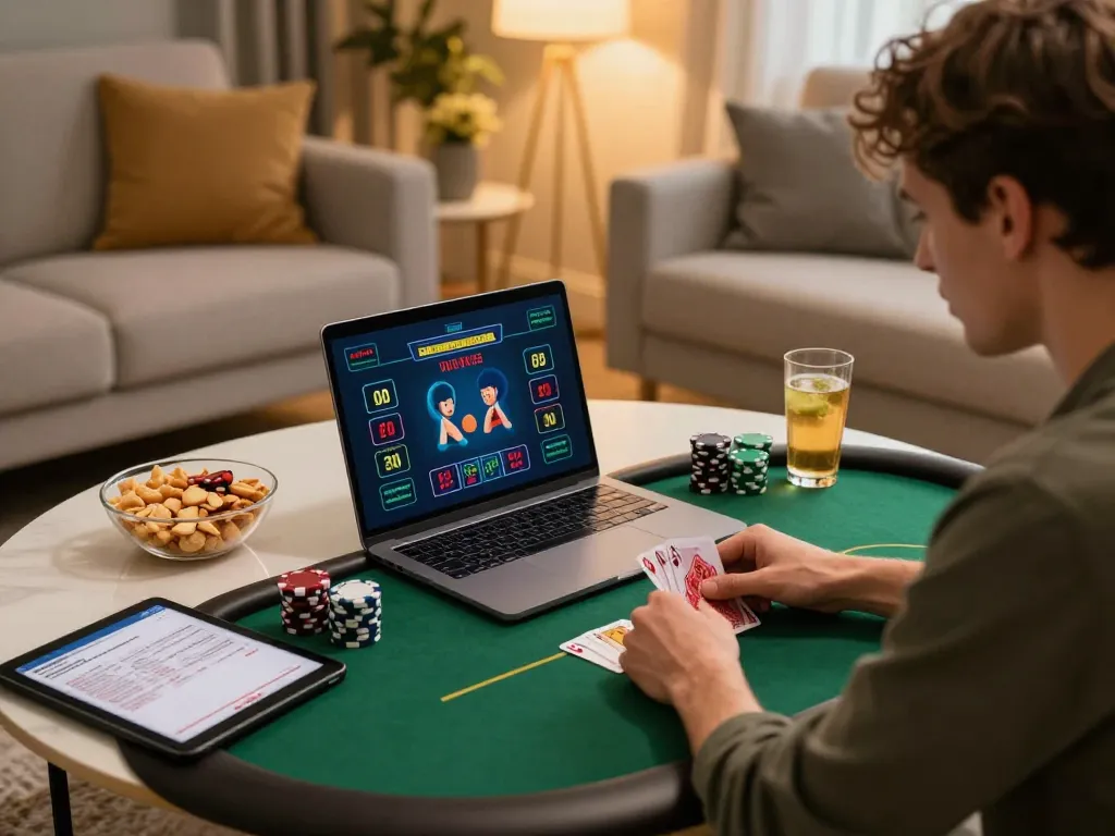 Engaging poker game on laptop featuring nhà cái uy tín SC88 in cozy home setting, promoting strategic gaming.