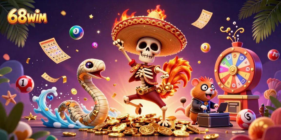 Win big with 68WIM in this vibrant casino scene featuring playful characters and lottery elements.