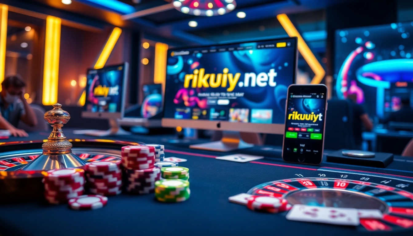 Experience online gaming excitement at rikvip.gb.net with vibrant casino tables, poker chips, and high-tech interfaces.