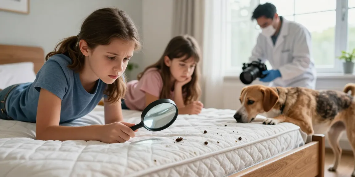 Family concerned about bed bug pest control in their bedroom, showing dark bug spots and a pest control professional preparing to help.