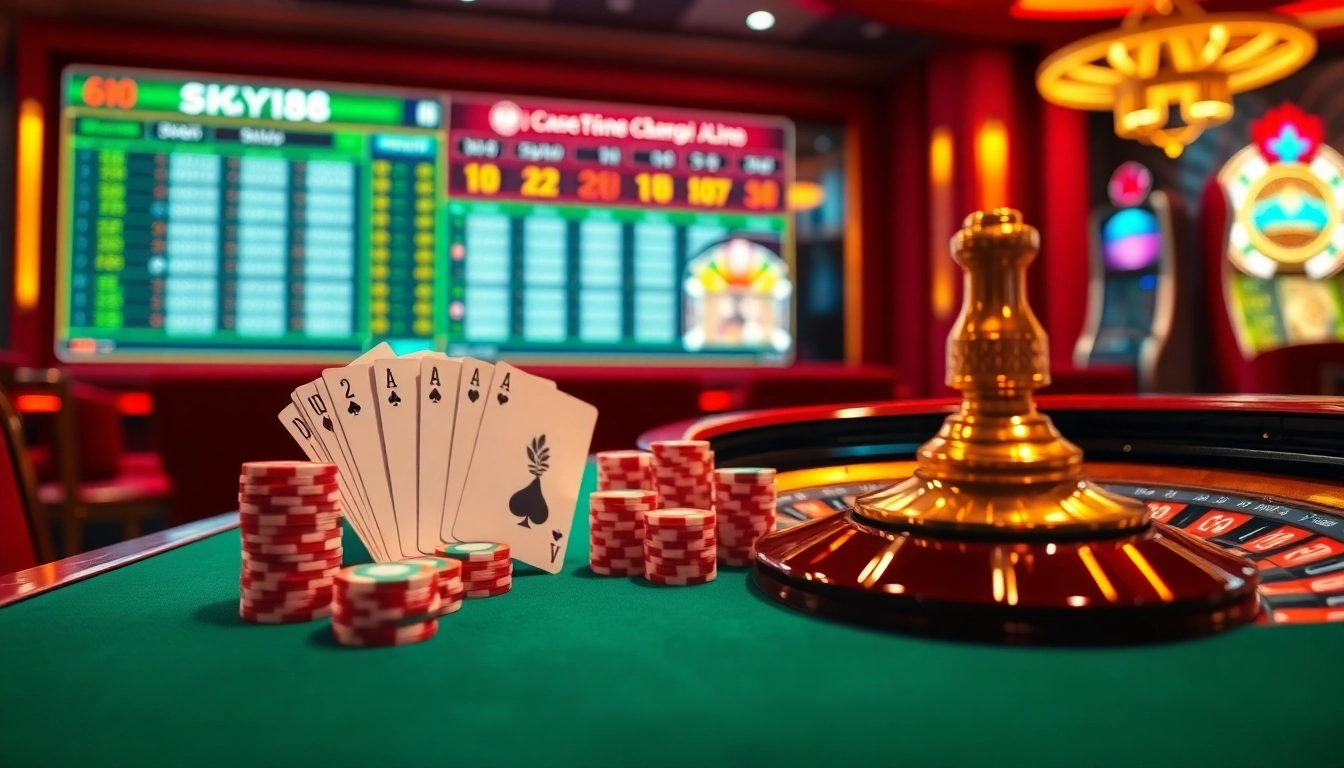 Experience thrilling gameplay at SKY88 with vibrant poker chips and a dazzling roulette wheel.