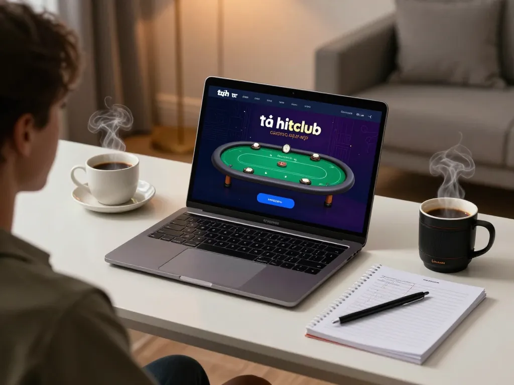 Engaging in tải hitclub via a sleek online gaming setup, showcasing poker table graphics and a strategic environment.