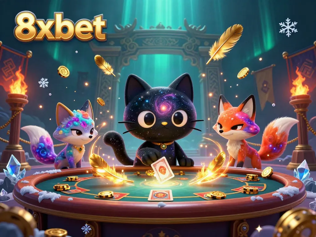 Experience winning moments with 8xbet's vibrant cosmic casino illustration, featuring dynamic characters and energetic game elements.