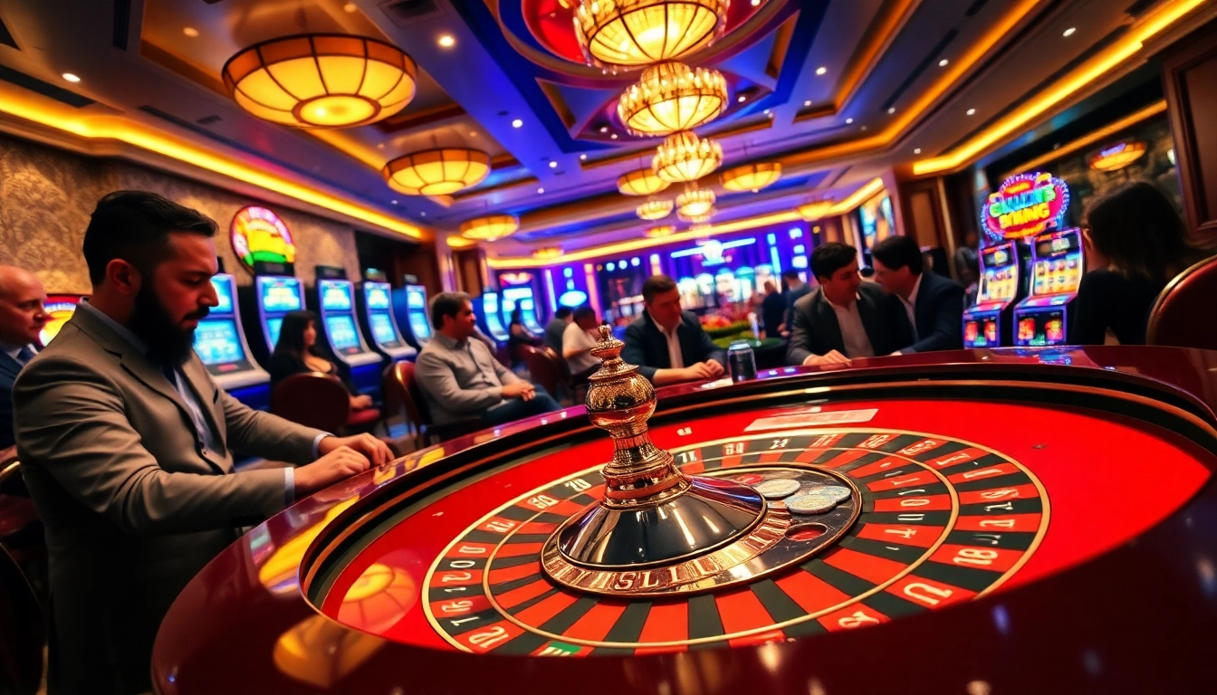 MM88 players enjoying an exciting casino atmosphere with roulette and slot machines.