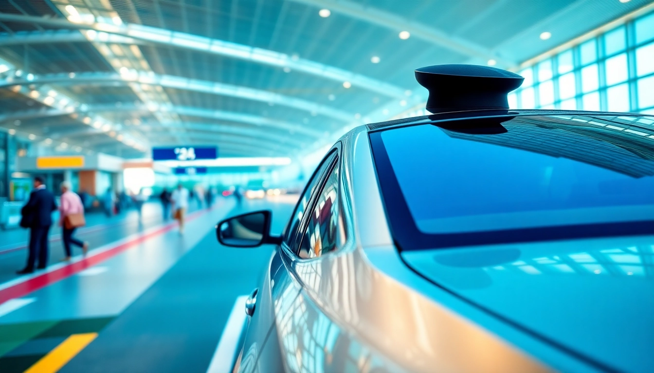 Chauffeur driving near City airport, showcasing luxury transport at a vibrant terminal.