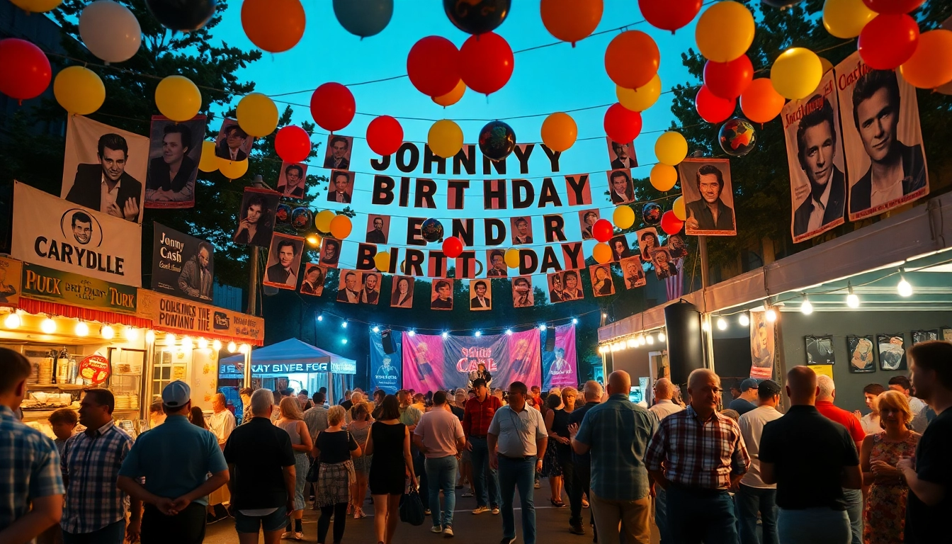 Festive celebration scene at johnnycashbirthday.com honoring Johnny Cash's legacy with music and community.