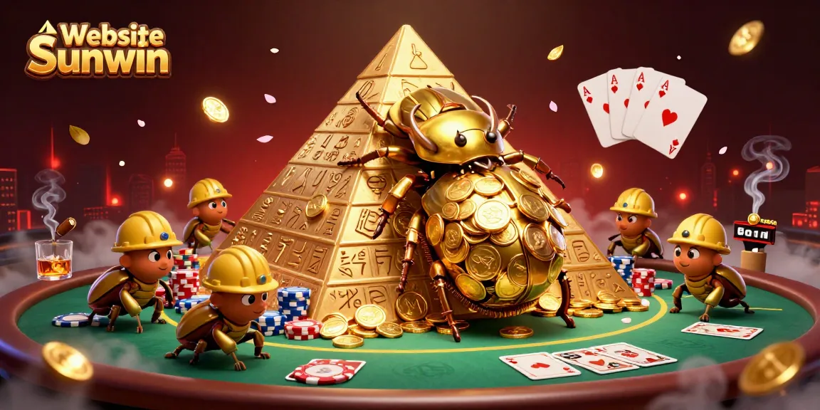 Engage with the thrilling Website Sunwin, featuring a massive beetle rolling gold coins in an exciting casino scene.