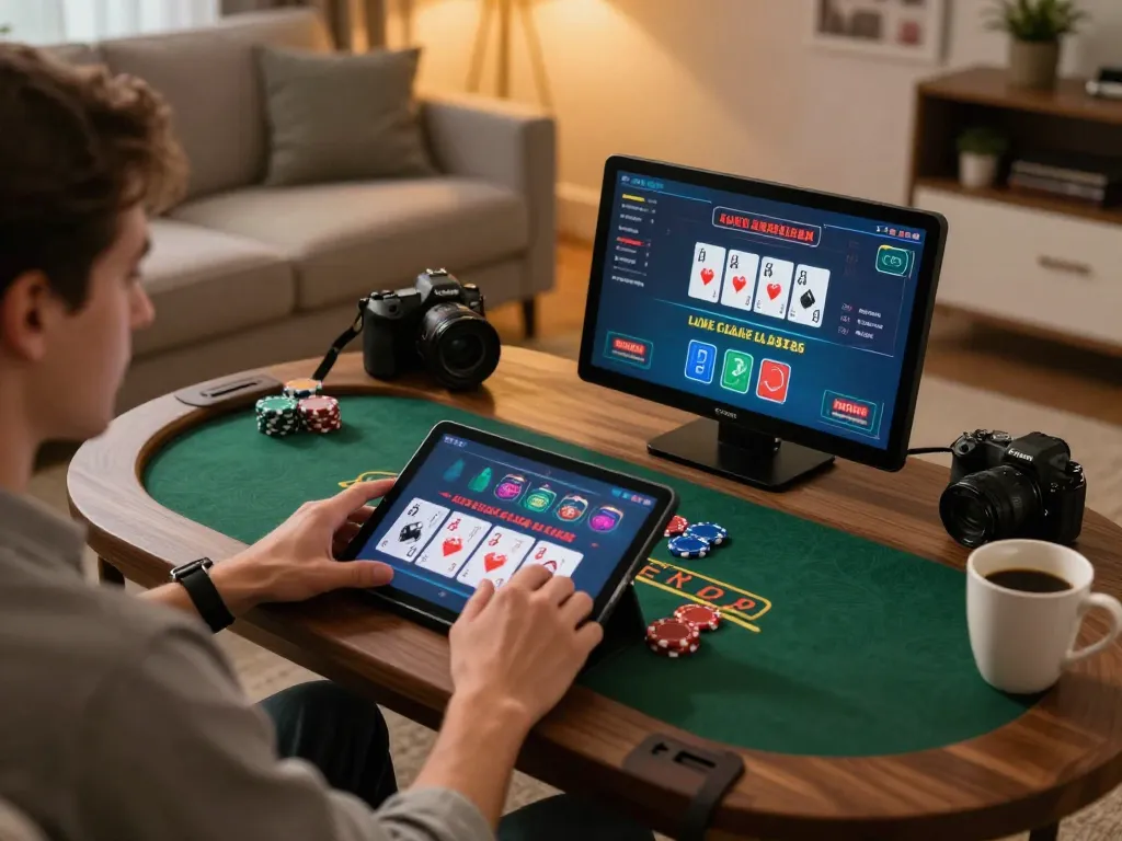 Player enjoying 555WIN online blackjack on tablet from cozy sofa, showcasing immersive gaming experience.