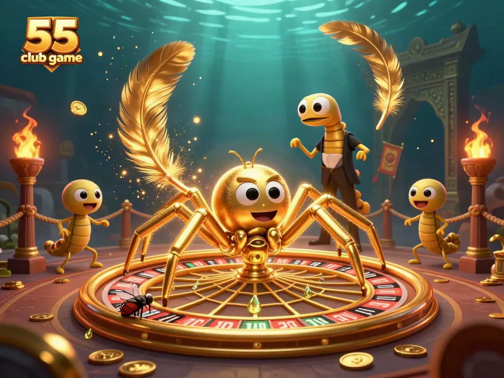 Engage with 55 club game featuring a golden spider and centipede croupier in a dynamic casino scene.