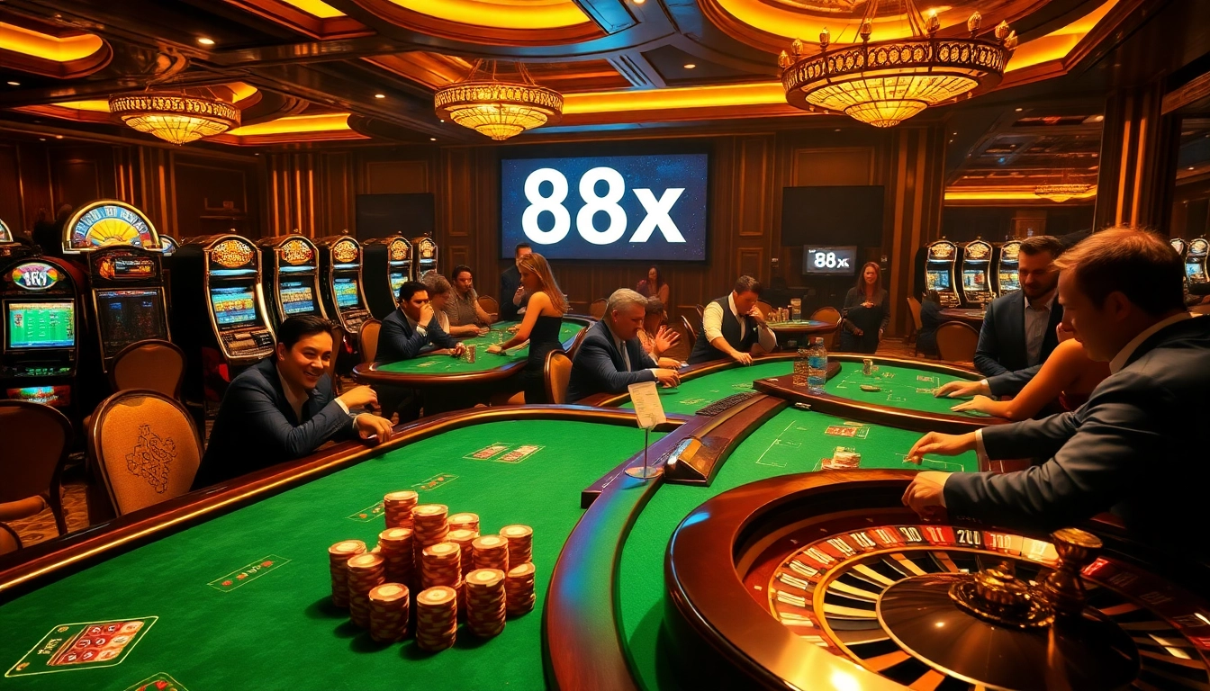 Engaging casino scene highlighting poker and roulette action with 88xx prominently featured.