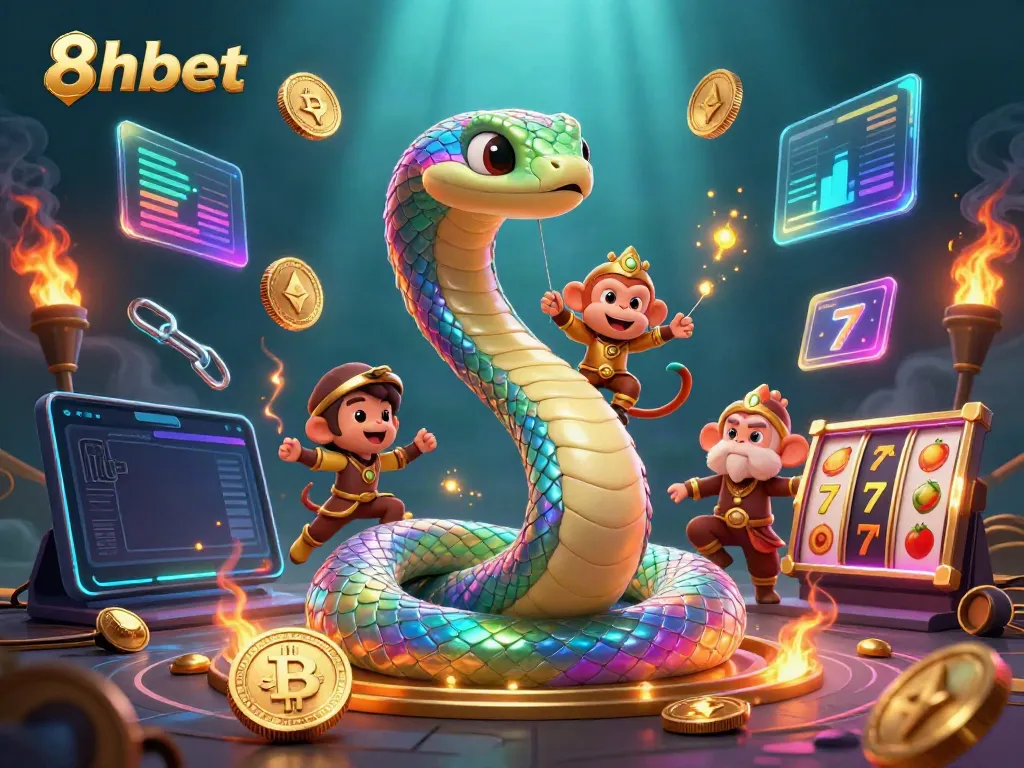 Engage with the vibrant 8xbet scene featuring a rainbow serpent and a playful monkey king, symbolizing online gambling.