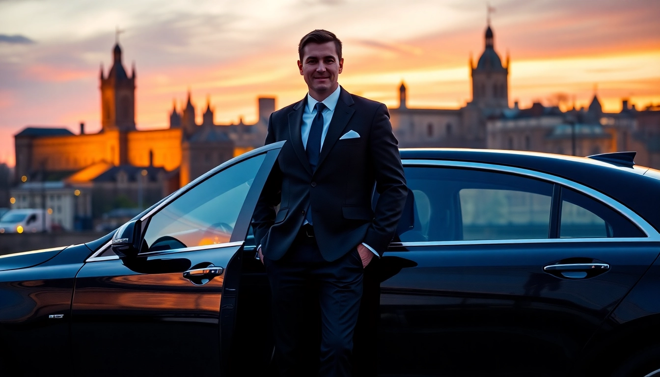 Chauffeur Nottingham offering luxury transport with iconic city backdrop at sunset.