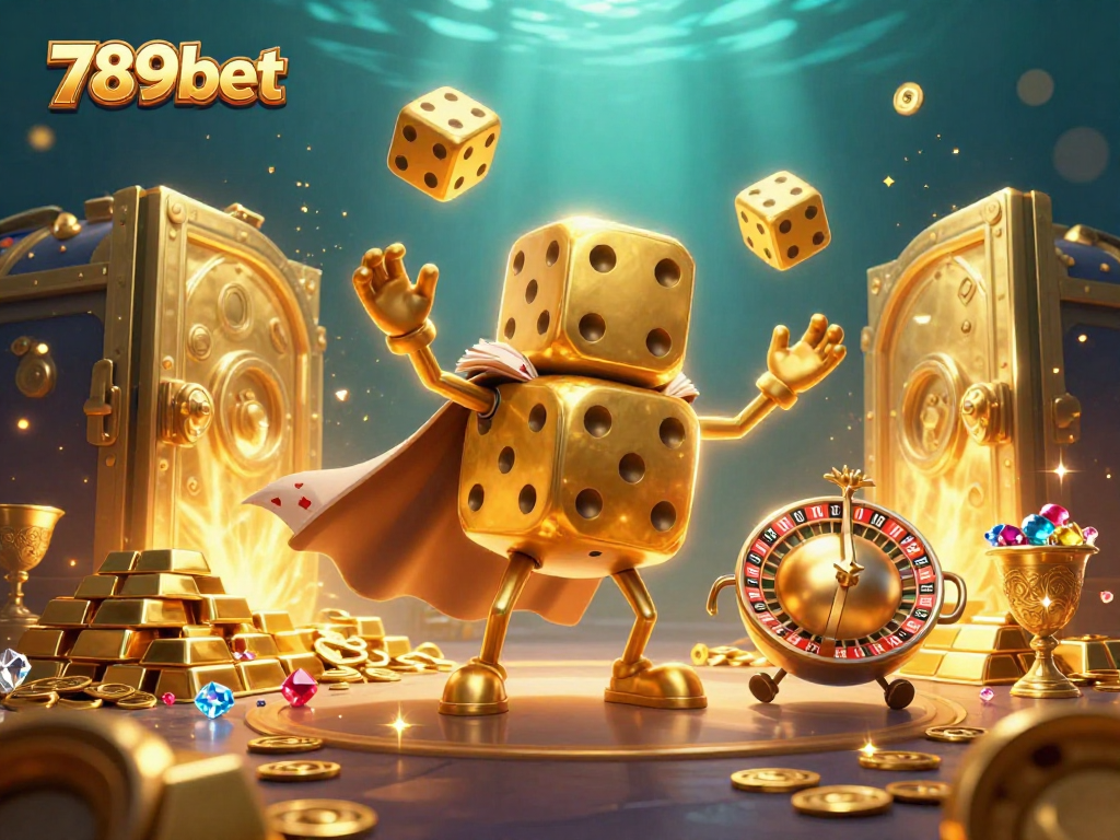 Engage with 789bet's exciting games in a vibrant 3D casino illustration filled with golden treasures.