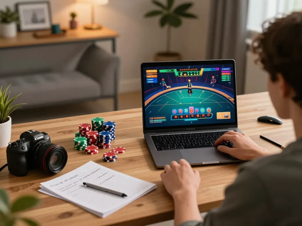 PHTAYA player using laptop for live blackjack involvement, showcasing strategic gaming in a cozy home setting.