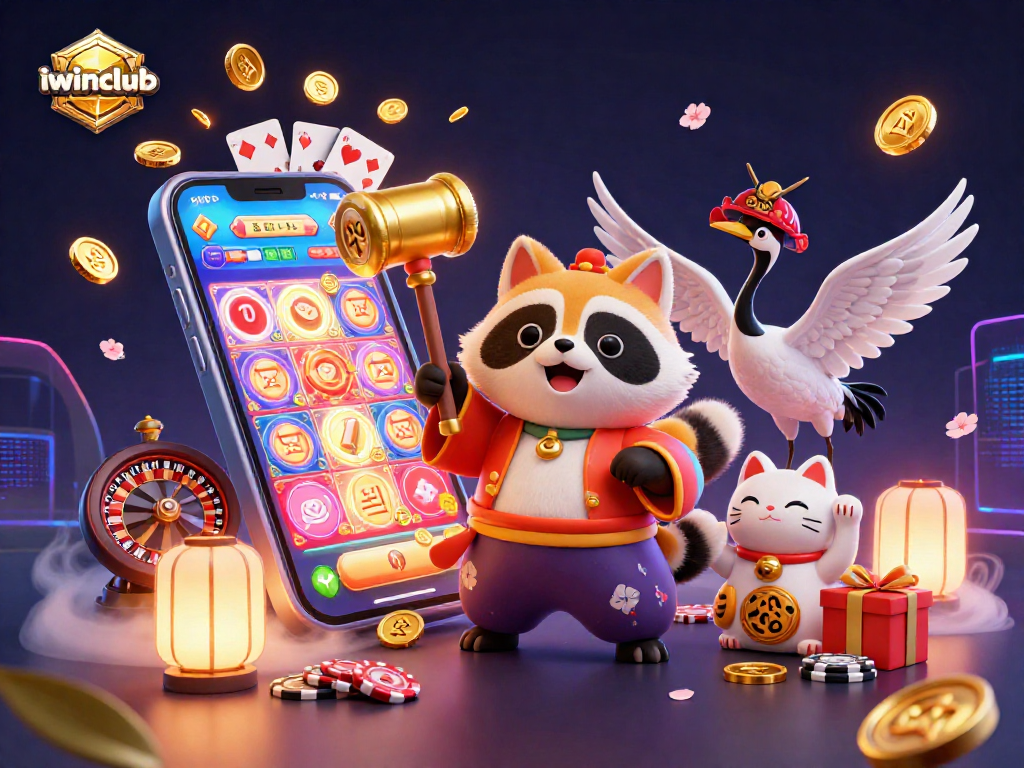 Experience the excitement of iwinclub with animated characters and vibrant gaming elements in a lively casino scene.