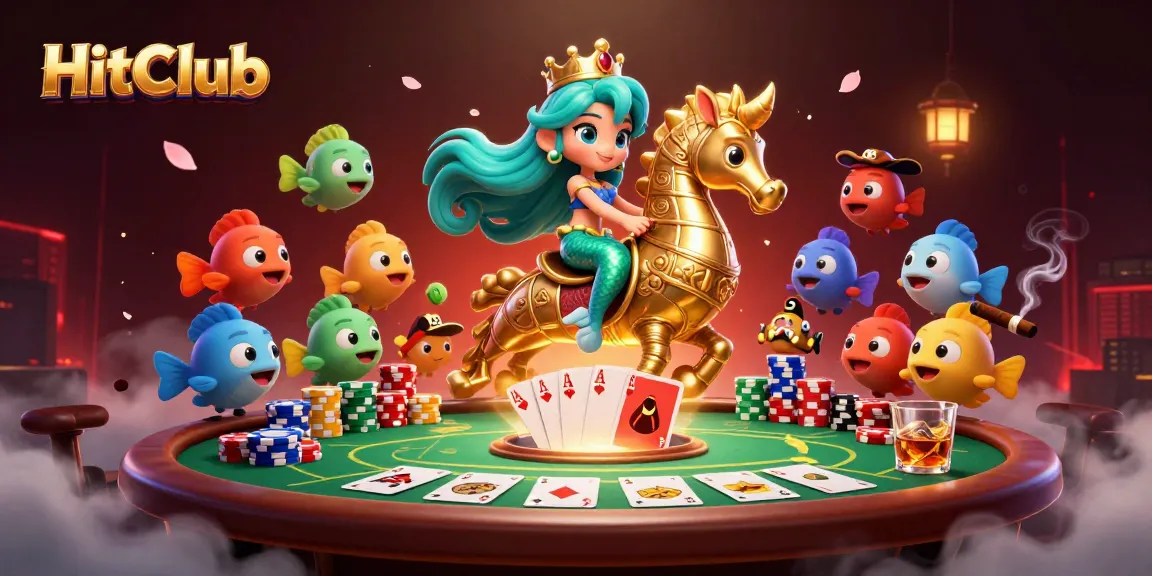 Engage with HitClub's exciting games at a vibrant 3D digital casino scene with colorful characters and poker elements.