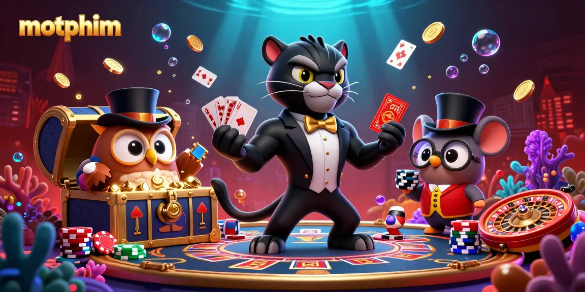 Engaging scene featuring the motphim brand with a stylish black panther dealing cards amid vibrant casino elements.