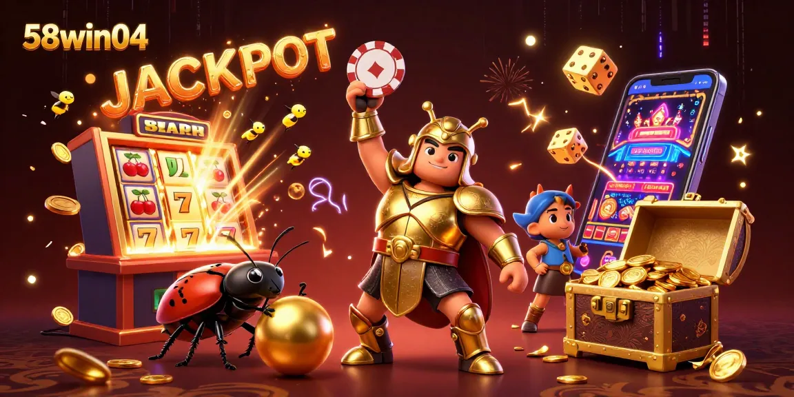 Hit the jackpot with 58win04: 3D beetles celebrating casino success among slot machines.