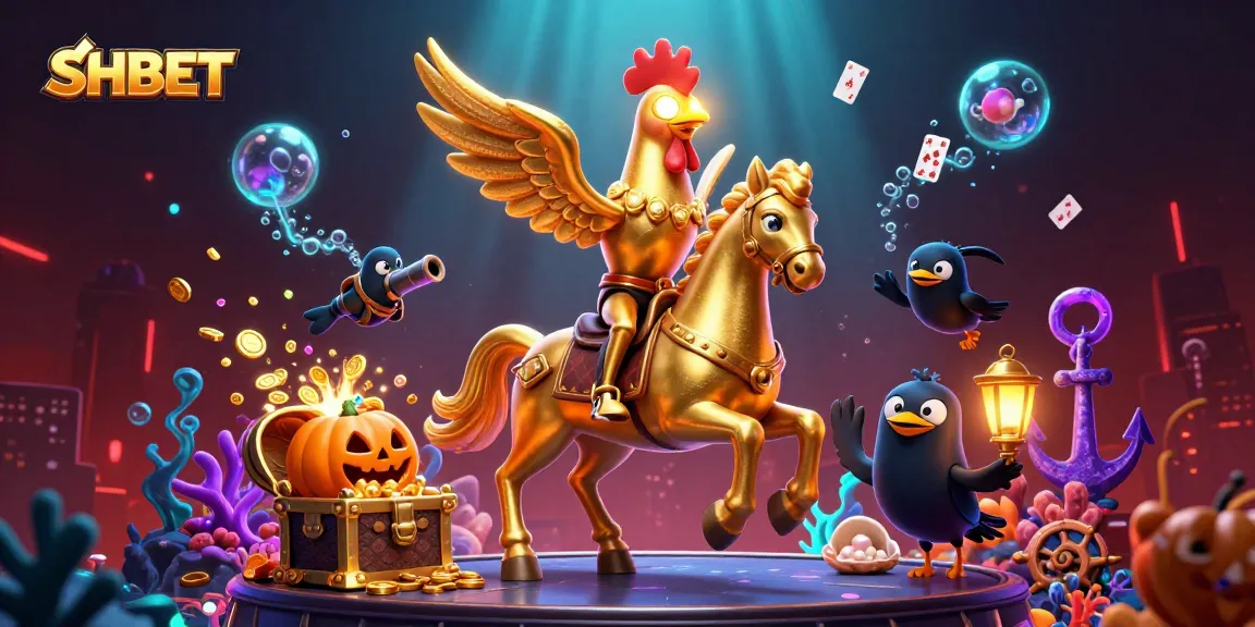 Engage with SHBET's vibrant casino atmosphere, featuring a golden rooster character amidst dynamic gaming elements.