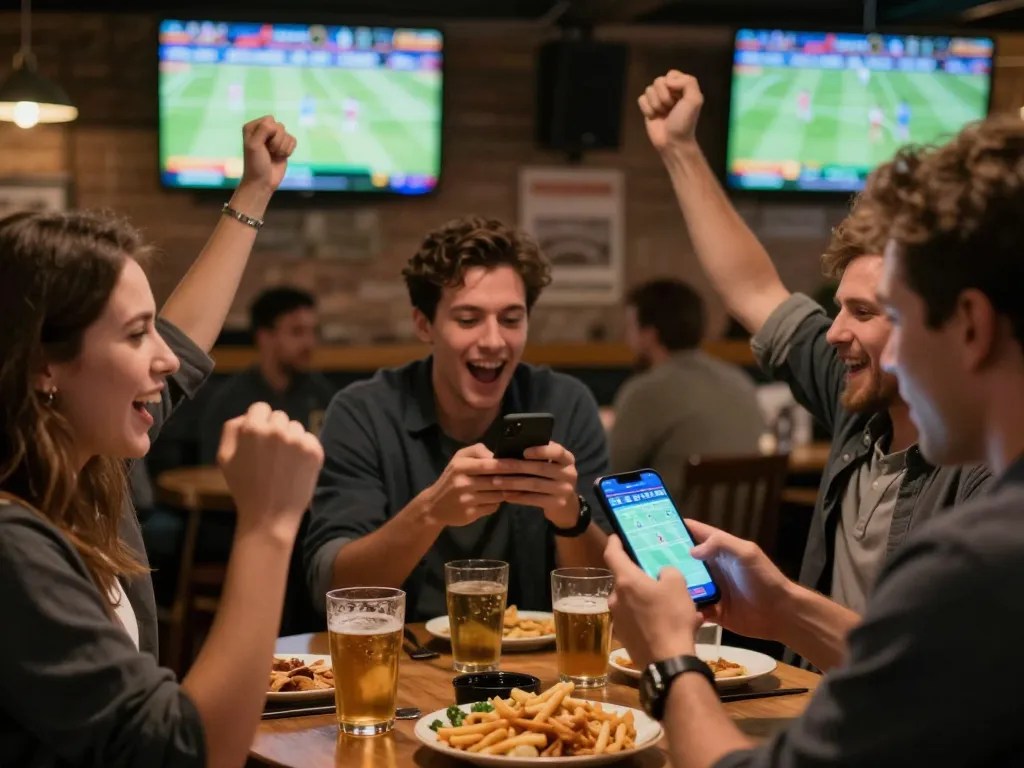 Fans celebrate winning a bet at nhà cái au88 in a lively sports bar environment