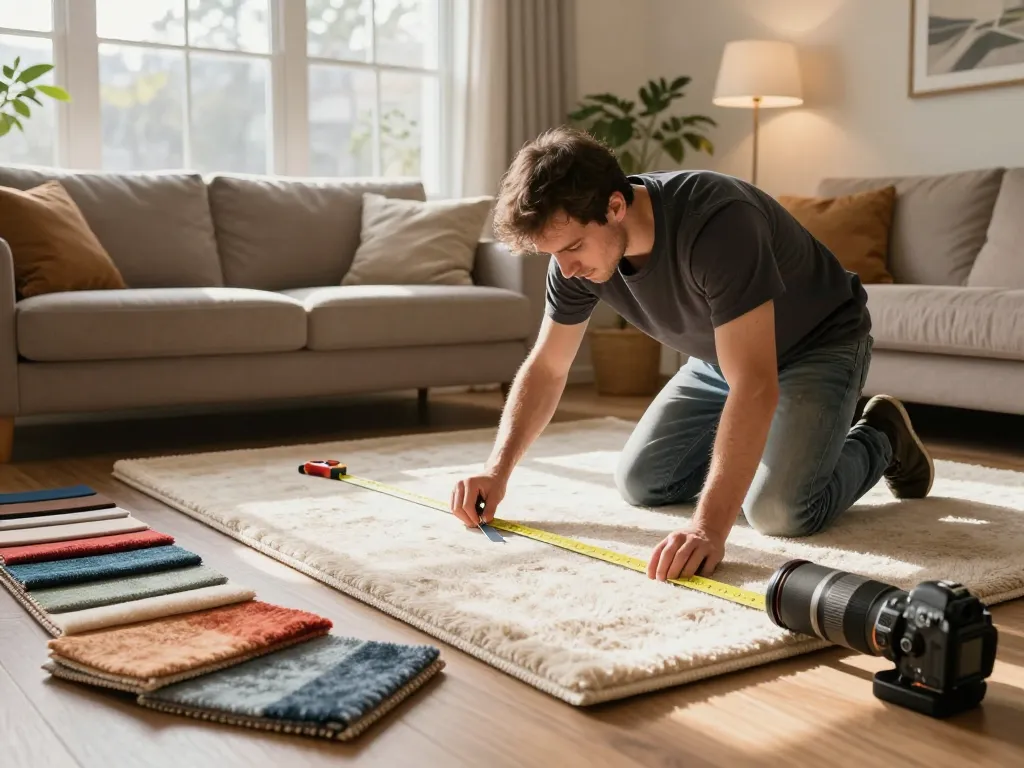 Residential carpet installation in a cozy living room with warm sunlight illuminating the process.