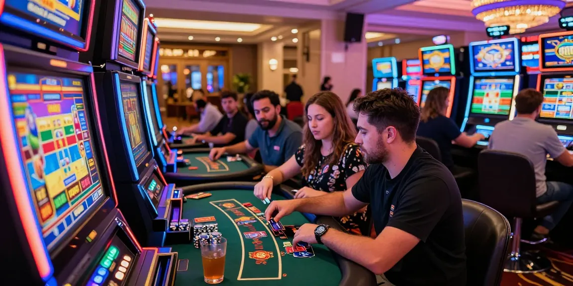 Casinos that accept credit cards with players enjoying games, vibrant atmosphere, and credit card transactions highlighted.