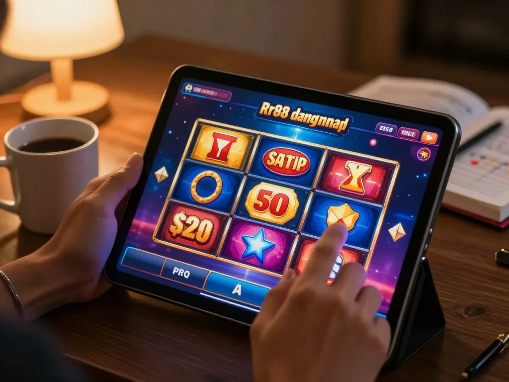 Engaging with Rr88 dang nhap while playing colorful slots on a tablet at home, comfortable setting.