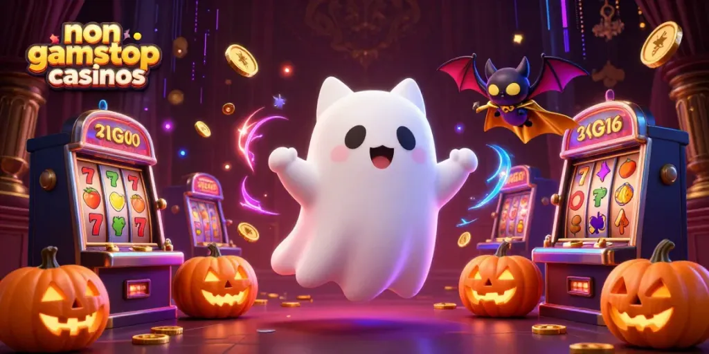 Engaging scene of non gamstop casinos with a ghost cat and vampire bat amidst slot machines and glowing jack-o-lanterns.