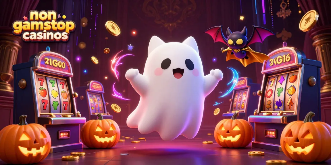 Engaging scene of non gamstop casinos with a ghost cat and vampire bat amidst slot machines and glowing jack-o-lanterns.