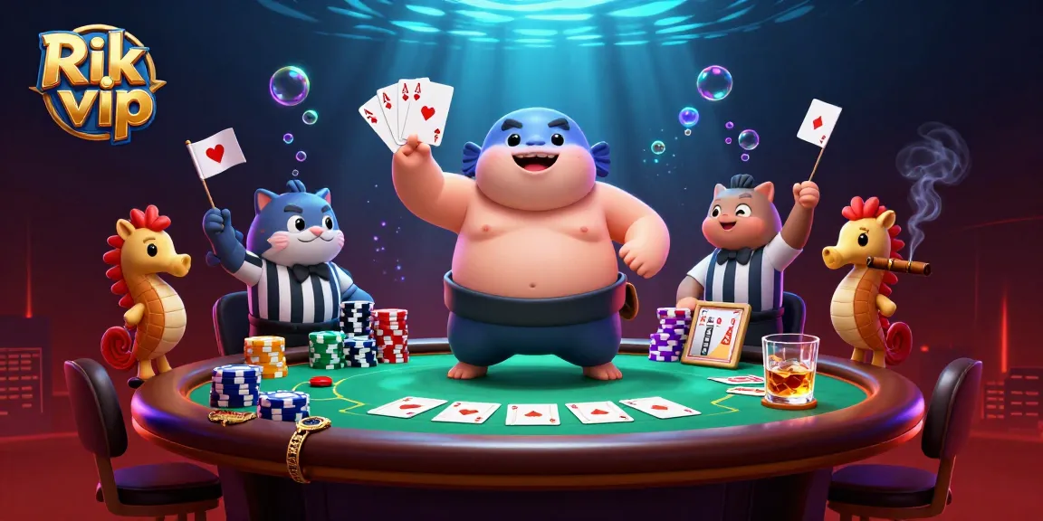 Engage with the thrilling atmosphere of Rik vip as a fugu fish and catfish referee elevate the stakes in this underwater poker scene.