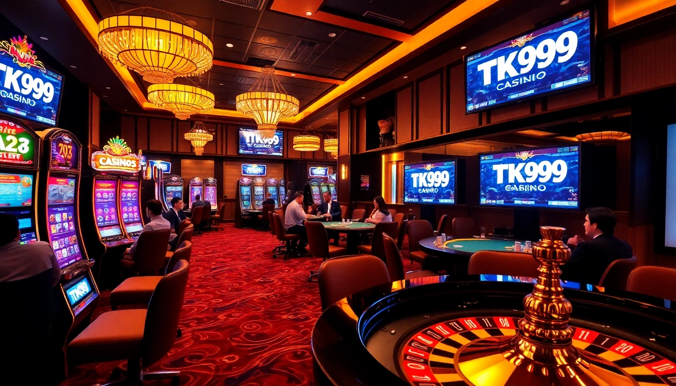 Experience the thrill of TK999 Casino with players enjoying gaming at vibrant slot machines and poker tables.