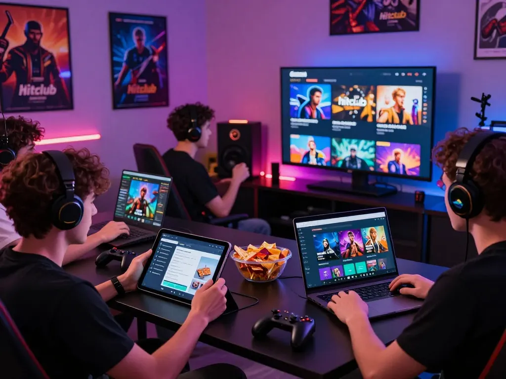 Exciting gaming environment showcasing players navigating the tải hitclub platform on various devices with vibrant decor.